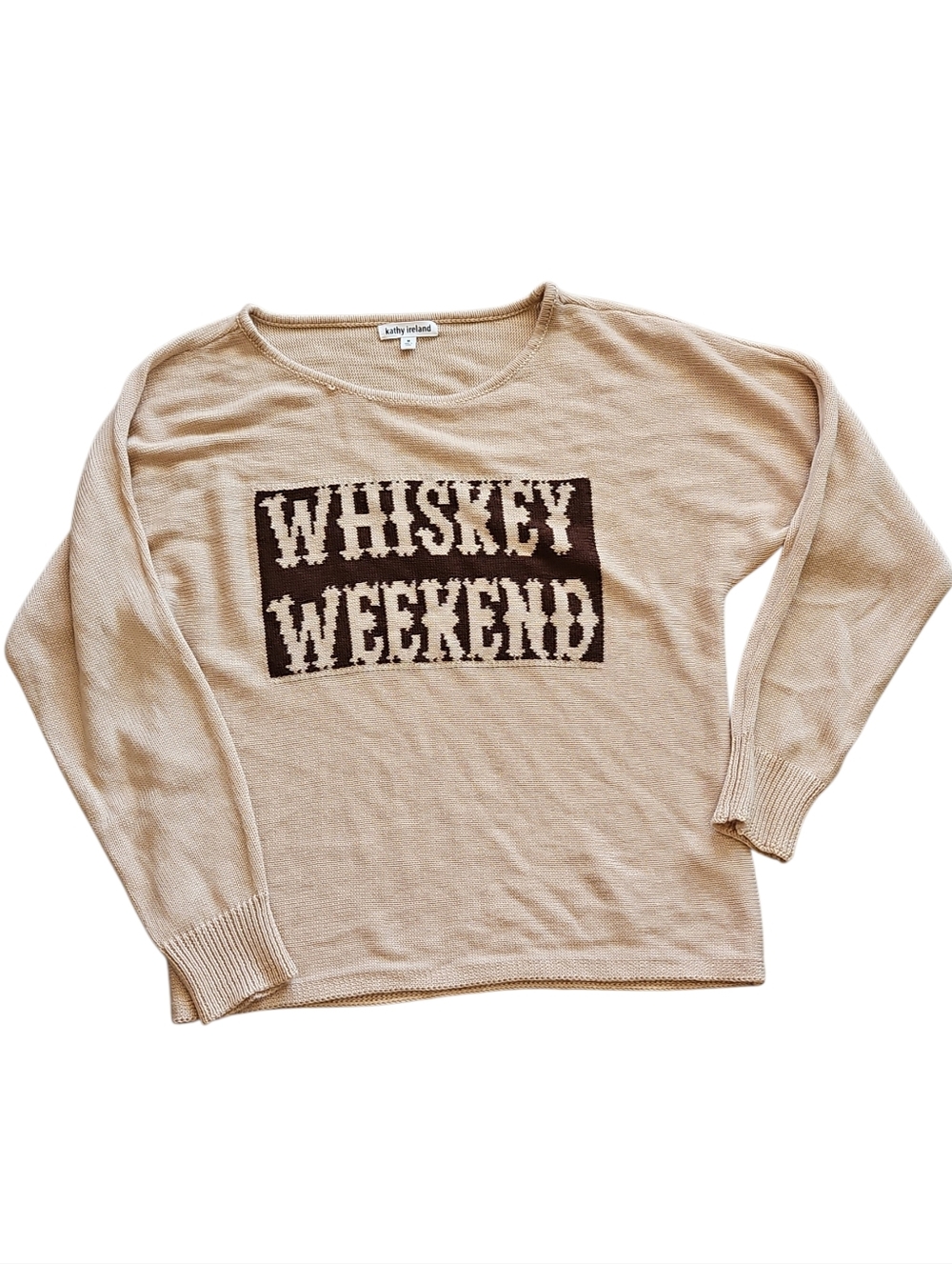 kathy ireland Beige Sweater with Dark Brown 'WHISKEY WEEKEND' Graphic Siz Medium